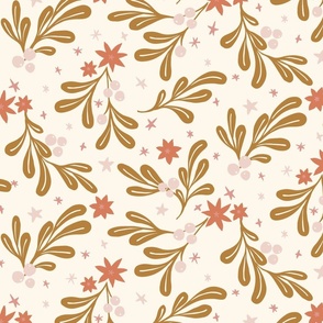 Whimsical Simple Mistletoe Scattered Stars Christmas Berries and Festive Leaves in Gold, Baby Pink, Terracotta and Cream