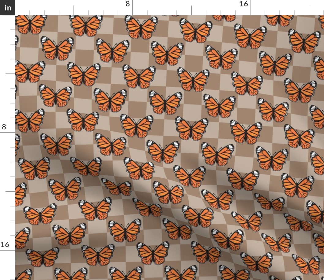 Medium Scale Monarch Butterflies Tan Checkerboard