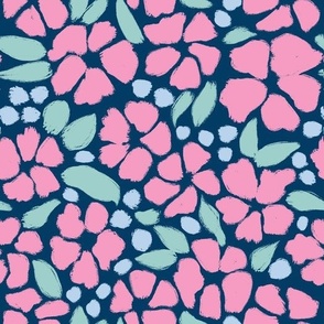 Pink Flower and Turquoise Leaves on Dark Navy
