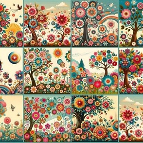 Small 3 Inch Squares Whimsical Blooming Trees Cheater Quilt or Cut and Sew Panels