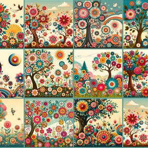 Large 10 Inch Squares Whimsical Blooming Trees Cheater Quilt or Cut and Sew Panels