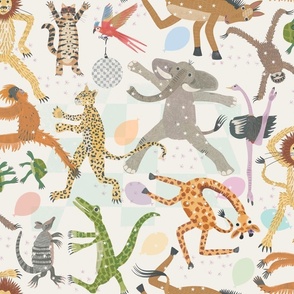 Party Animals (Large - Half Drop) it's a disco with a lion, elephant, giraffe, crocodile, armadillo, orangutan, horse, tortoise, parrot, sloth and cat!