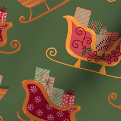 (M) Christmas sleigh on green natural Christmas 