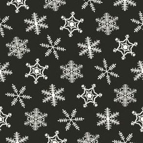 1" Festive Winter Snowflakes Hand Drawn in Soft Black Off Black and Natural Off White