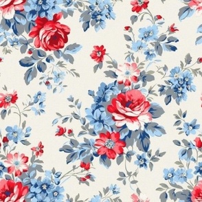 Blue and red flowers,roses,vintage flowers ,shabby red white and blue 