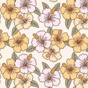 tiny tropical floral hibiscus flowers on beige