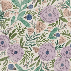 (Lg) Wildflowers in  indigo purple-blue, peachy pink, light violet and shades of green, watercolor texture and sketched look
