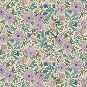 (m) Wildflowers in indigo purple-blue, peachy pink, light violet and shades of green, watercolor texture and sketched look