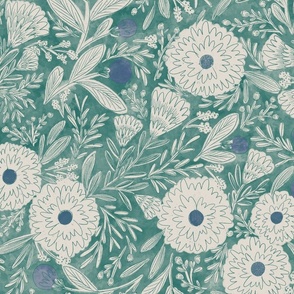 (Lg) Wildflowers in Emerald Green and indigo purple-blue, watercolor texture and sketched look