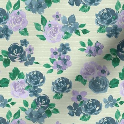 Blue and purple watercolor roses in textured beige and light pastel green background