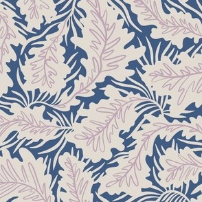 Wild Tropical leaves in indigo blue, lavender lilac and pearl white