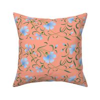 1886 Floral Stripe Blue and Green on Coral Pink Shaded