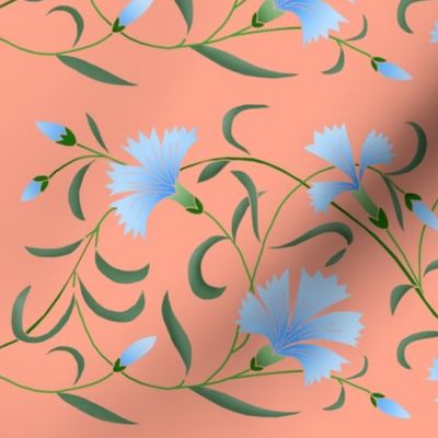 1886 Floral Stripe Blue and Green on Coral Pink Shaded