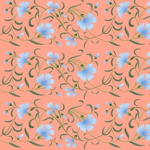 1886 Floral Stripe Blue and Green on Coral Pink Shaded