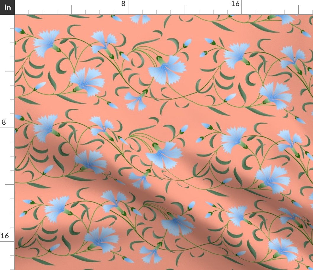 1886 Floral Stripe Blue and Green on Coral Pink Shaded