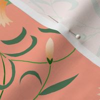 1886 Floral Stripe Peach and Green on Coral Pink Shaded