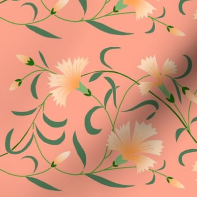 1886 Floral Stripe Peach and Green on Coral Pink Shaded