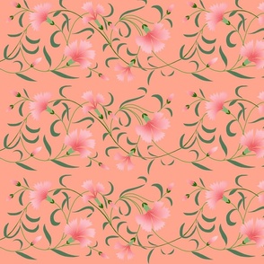 1886 Floral Stripe Pink and Green on Coral Pink Shaded