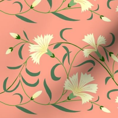 1886 Floral Stripe Yellow and Green on Coral Pink Shaded