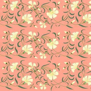 1886 Floral Stripe Yellow and Green on Coral Pink Shaded