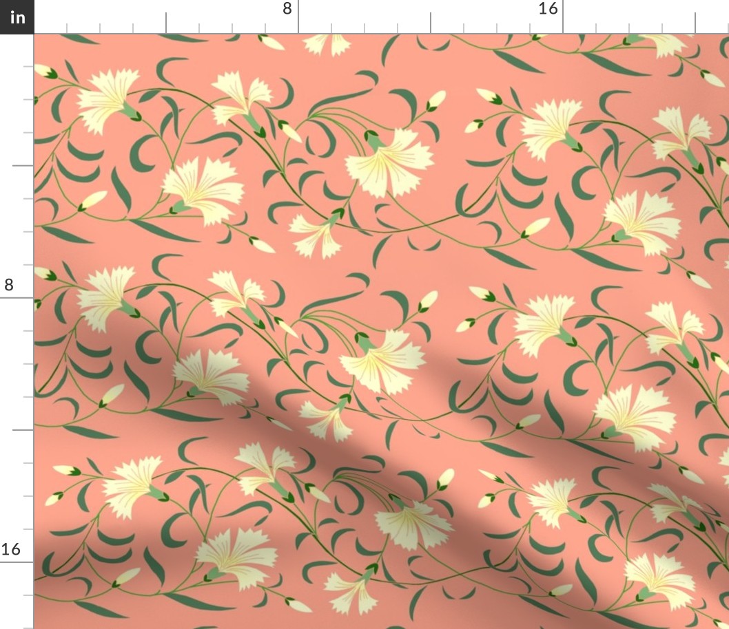 1886 Floral Stripe Yellow and Green on Coral Pink Shaded