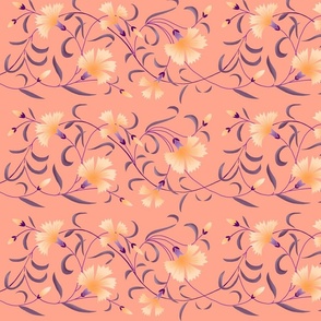 1886 Floral Stripe Peach and Purple on Coral Pink Shaded