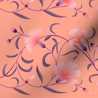 1886 Floral Stripe Pink and Purple on Coral Pink Shaded