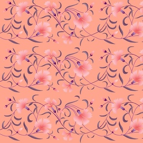 1886 Floral Stripe Pink and Purple on Coral Pink Shaded