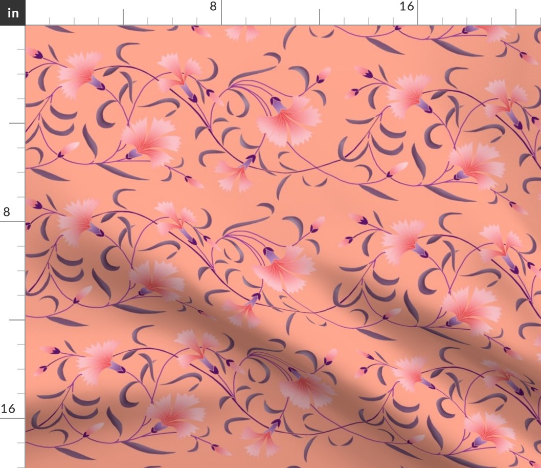 1886 Floral Stripe Pink and Purple on Coral Pink Shaded