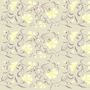 1886 Floral Stripe Yellow and Grayed Purple on Beige Shaded