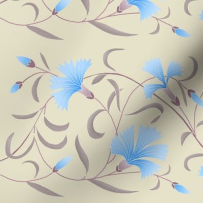 1886 Floral Stripe Blue and Grayed Purple on Beige Shaded