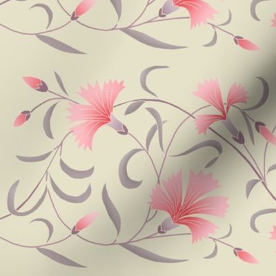 1886 Floral Stripe Pink and Grayed Purple on Beige Shaded