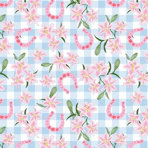 Lilies and Horseshoes on Blue Gingham