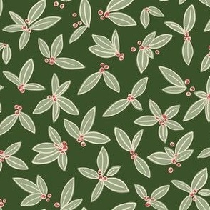 Holly Leaves and Berries Hand Drawn Design - Festive Winter Holiday Botanical in Laurel Green and Christmas Pink on Evergreen Dark Green