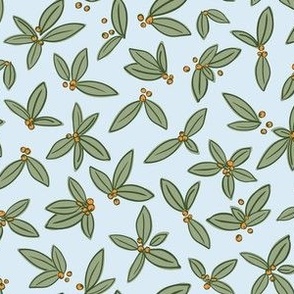 Holly Leaves and Berries Hand Drawn Design - Festive Winter Holiday Botanical in Laurel Green and Saffron  Orange on Ice Blue 