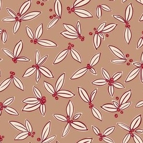 Holly Leaves and Berries Hand Drawn Design - Festive Winter Holiday Botanical in Natural Off White Christmas Pink and Cranberry Red on Caramel Taupe Light Brown