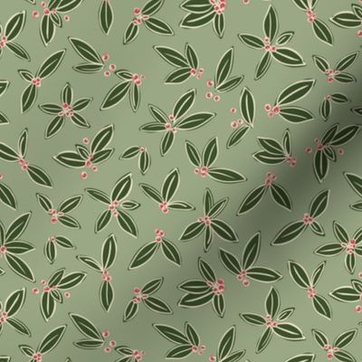 Holly Leaves and Berries Hand Drawn Design - Festive Winter Holiday Botanical in  Evergreen Dark Green and Christmas Pink on Laurel Green 