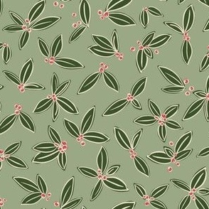 Holly Leaves and Berries Hand Drawn Design - Festive Winter Holiday Botanical in  Evergreen Dark Green and Christmas Pink on Laurel Green 