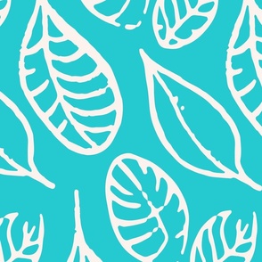 Turquoise Block print leaves Fairie Spring _Wallpaper