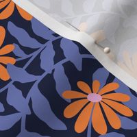 Bold groovy trailing flowers - blue and orange - small scale