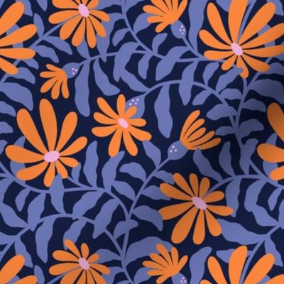 Bold groovy trailing flowers - blue and orange - small scale