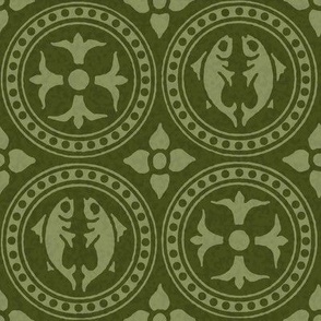 Medieval Fish and Flowers in Roundels, olive green, large