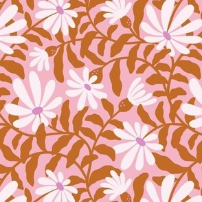 Bold groovy trailing flowers - brown, pink and white - small scale