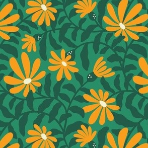 Bold groovy trailing flowers – green and orange - small scale