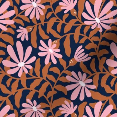Bold groovy trailing flowers – brown, navy blue and pink - small scale