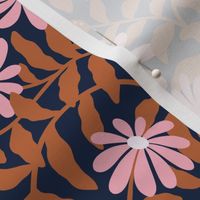 Bold groovy trailing flowers – brown, navy blue and pink - small scale