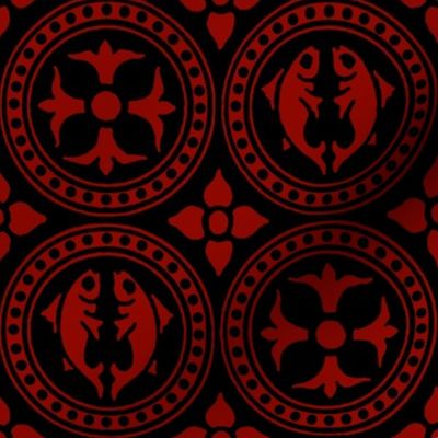 Medieval Fish and Flowers in Roundels, dark red on black, large