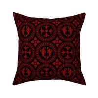 Medieval Fish and Flowers in Roundels, dark red on black, large
