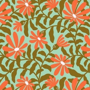 Bold groovy trailing flowers – green and orange red - small scale