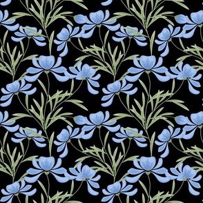 Blue flowers on a black background. Bright floral pattern.